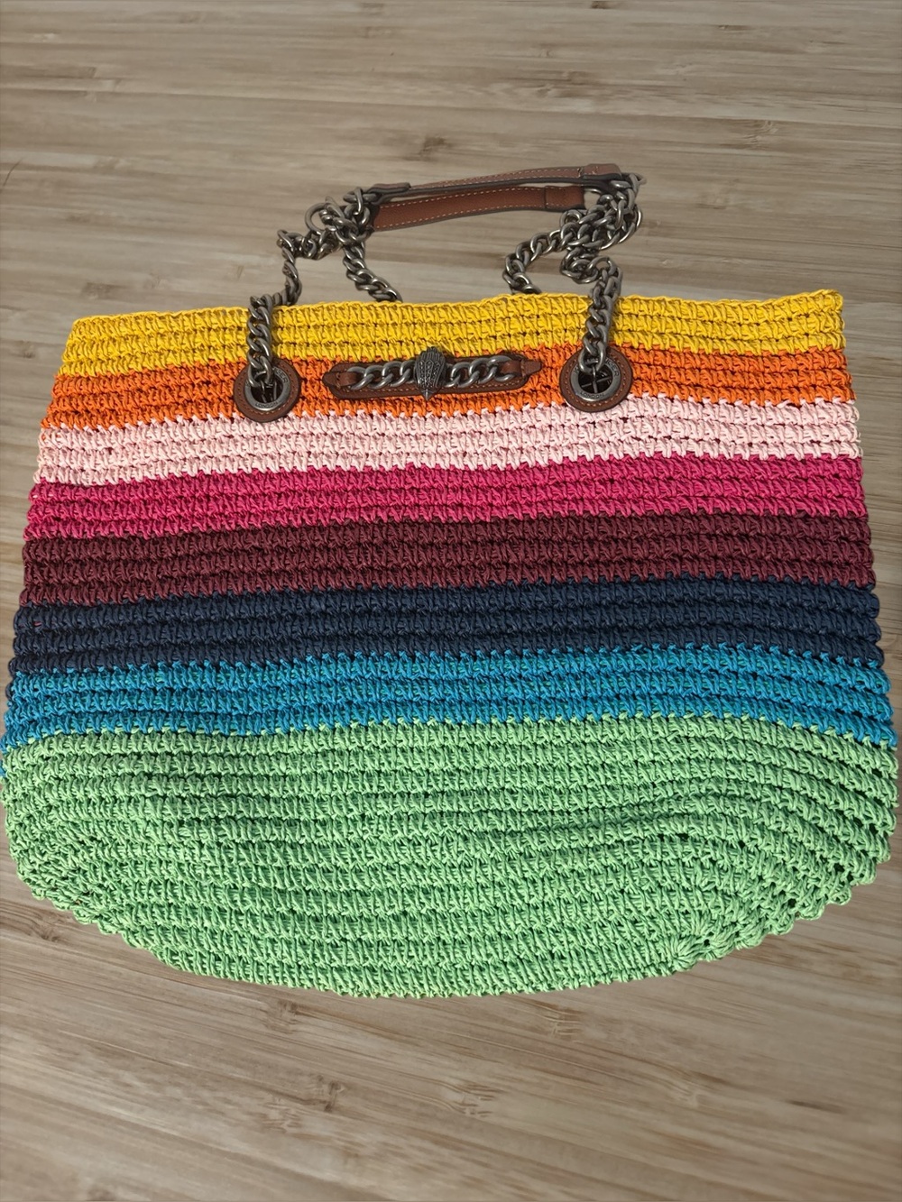 Kurt Geiger London Chelsea Raffia Multicolor Stripe Tote Bag - Green, Blue, Pink - Picture 2 of 8